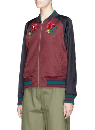 Front View - Click To Enlarge - MUVEIL - Rose and bee paillette embellished colourblock bomber jacket