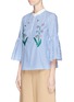 Front View - Click To Enlarge - MUVEIL - Floral embellished bell sleeve stripe blouse