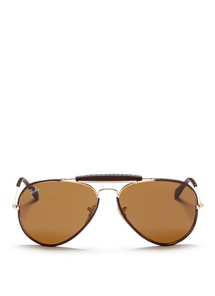 Main View - Click To Enlarge - RAY-BAN - 'Outdoorsman Craft' leather wrap metal aviator sunglasses