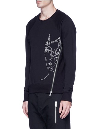 Front View - Click To Enlarge - SIKI IM / DEN IM - 'Ponyboy' face embroidered asymmetric zip sweatshirt