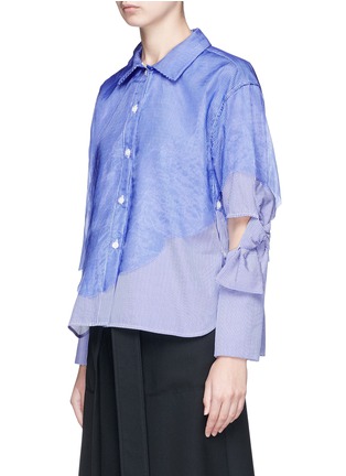 Front View - Click To Enlarge - ROBERTS | WOOD - Stripe organdy overlay cutout bow sleeve poplin shirt