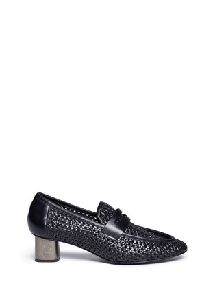 Main View - Click To Enlarge - CLERGERIE - 'Povain' cube heel woven leather penny loafer pumps