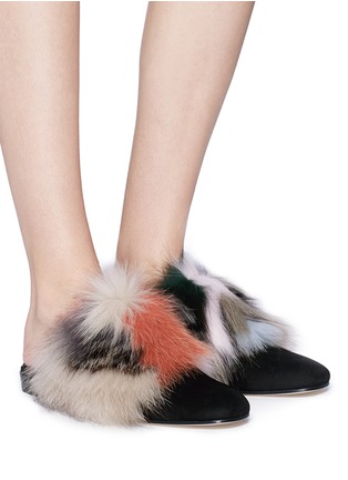 Figure View - Click To Enlarge - STUART WEITZMAN - 'Fur Get It' suede panel fox fur slides