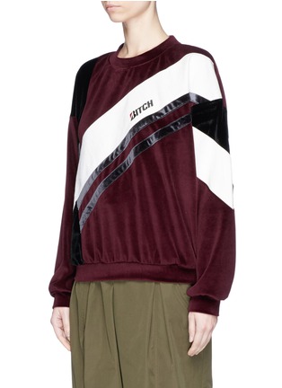 Detail View - Click To Enlarge - GROUND ZERO - Slogan embroidered velvet patchwork unisex sweatshirt