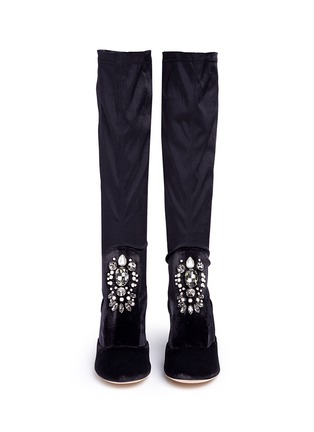 Front View - Click To Enlarge - RODO - Embellished velvet stretch satin knee high sock boots