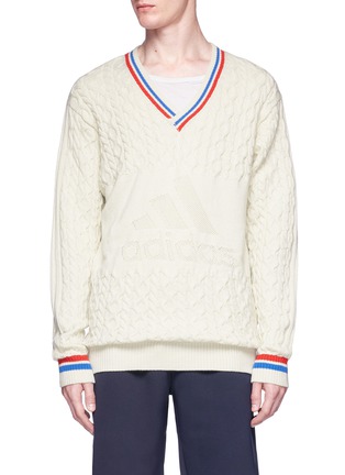 Main View - Click To Enlarge - ADIDAS BY PHARRELL WILLIAMS - Logo intarsia V-neck cable knit sweater