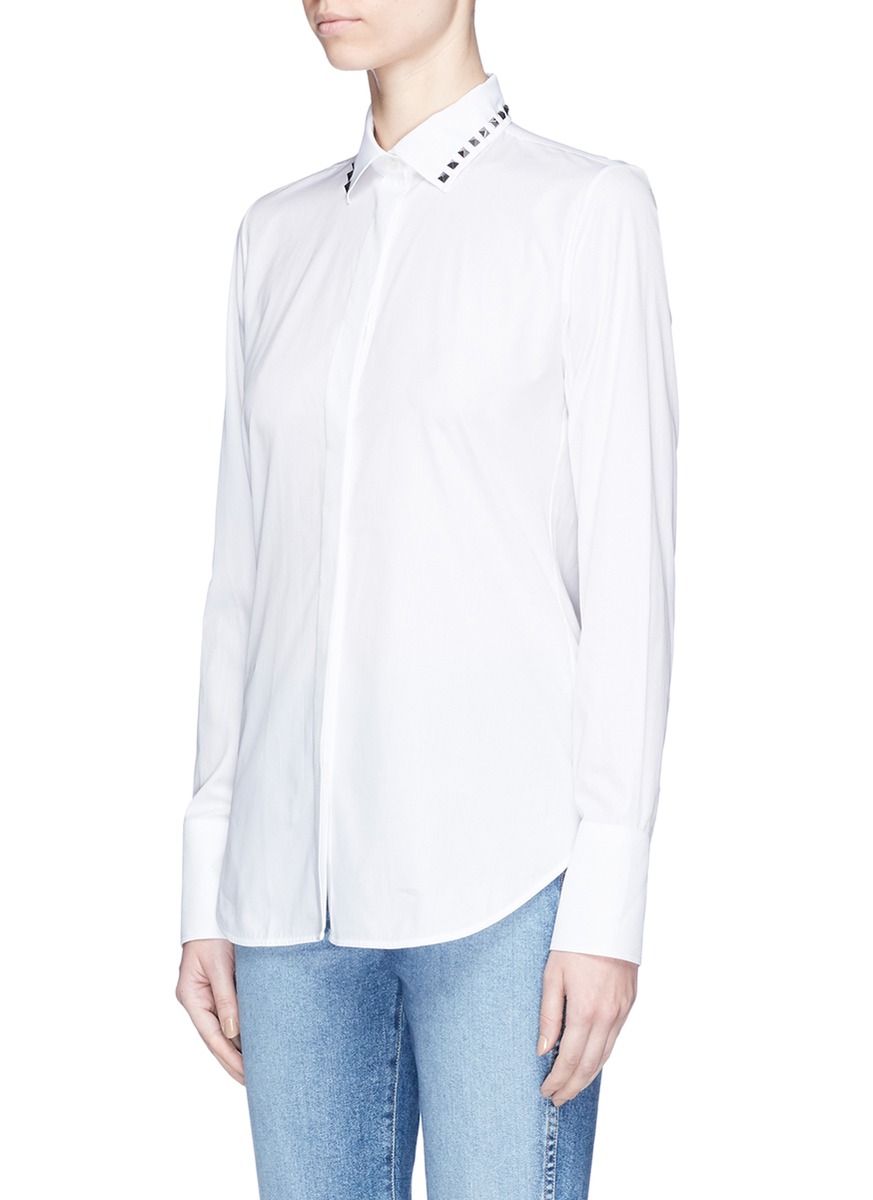 VALENTINO Rockstud Point-Collar Cotton Shirt in White | ModeSens