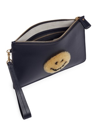 Detail View - Click To Enlarge - ANYA HINDMARCH - 'Smiley' shearling patch leather zip top pouch