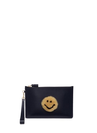 Main View - Click To Enlarge - ANYA HINDMARCH - 'Smiley' shearling patch leather zip top pouch