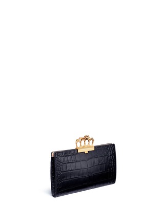 Detail View - Click To Enlarge - ALEXANDER MCQUEEN - Swarovski crystal croc embossed leather knuckle flat pouch