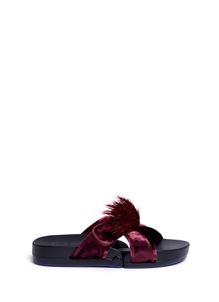 Main View - Click To Enlarge - FIGS BY FIGUEROA - 'Figomatic' pompom crushed velvet hinged slide sandals
