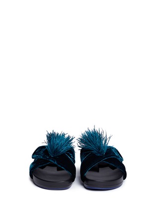 Front View - Click To Enlarge - FIGS BY FIGUEROA - 'Figomatic' pompom crushed velvet hinged slide sandals