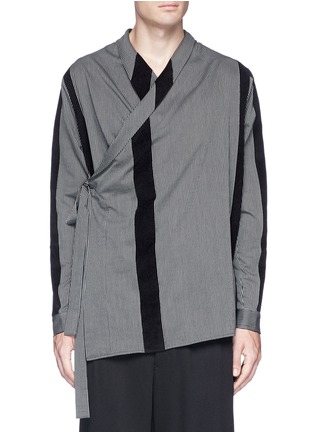 Main View - Click To Enlarge - 71511 - 'Saki' velvet trim stripe twill wrap kimono shirt