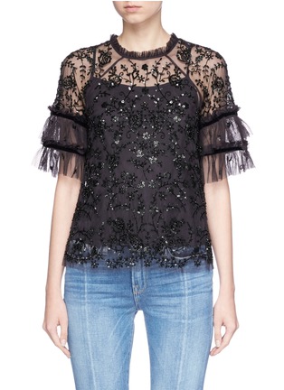 Main View - Click To Enlarge - NEEDLE & THREAD - 'Constellation' peplum sleeve embellished mesh top
