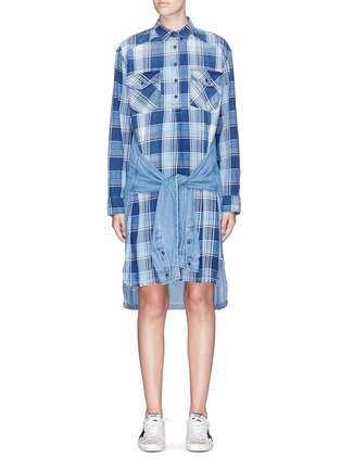 Main View - Click To Enlarge - CURRENT/ELLIOTT - 'The Twist' sleeve tie check plaid denim and chambray dress