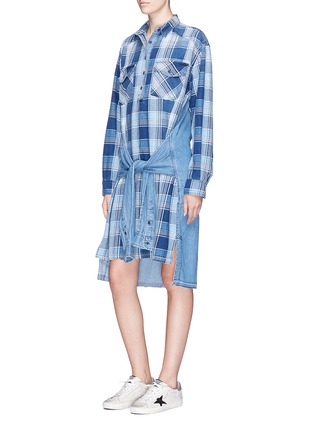 Figure View - Click To Enlarge - CURRENT/ELLIOTT - 'The Twist' sleeve tie check plaid denim and chambray dress
