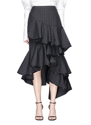 Main View - Click To Enlarge - 73052 - 'Bedunia' sequin trim ruffle pinstripe wool suiting skirt