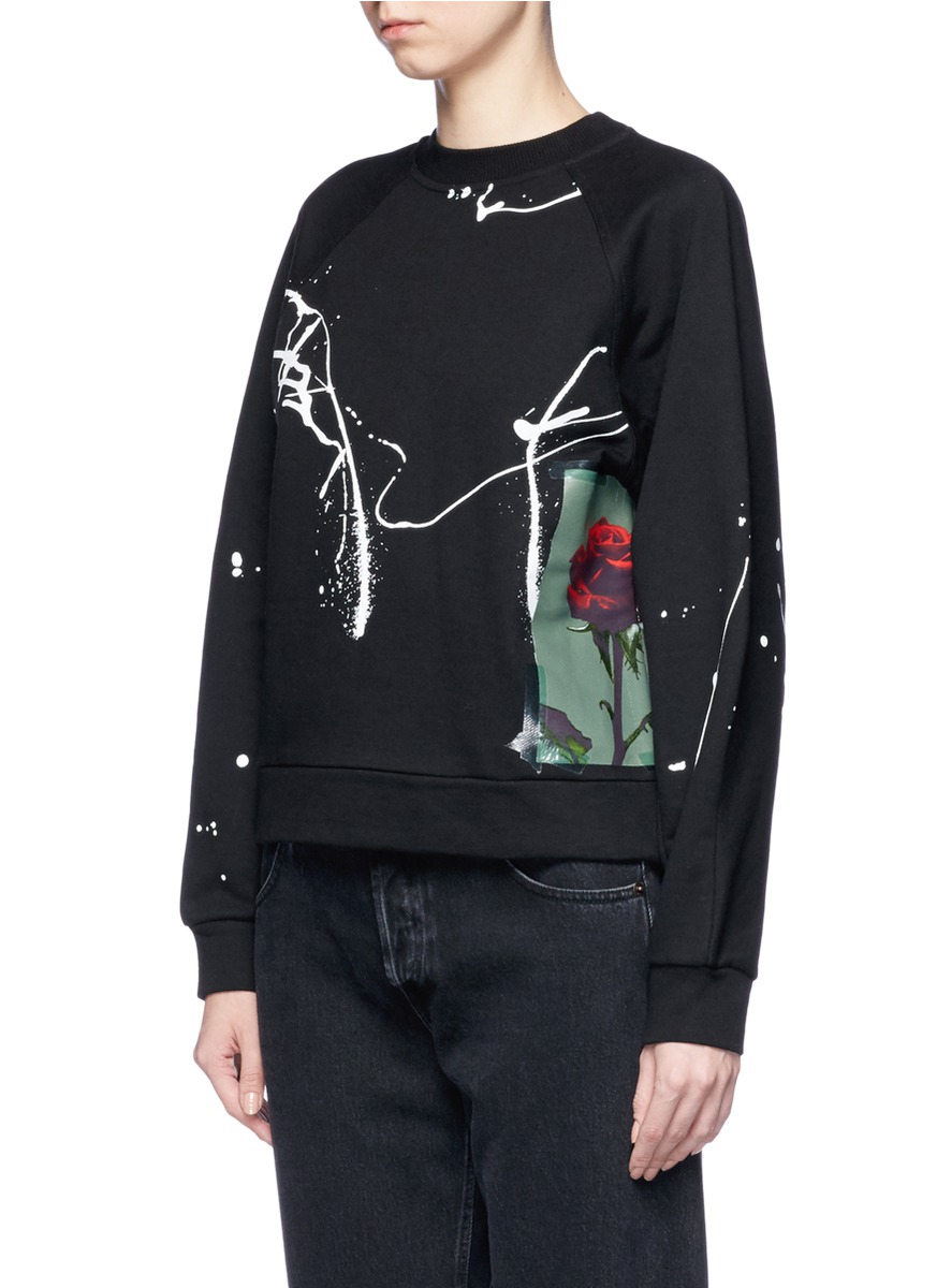 PROENZA SCHOULER Rose Print Paint Splatter Sweatshirt in Black | ModeSens