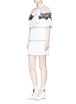 Figure View - Click To Enlarge - SELF-PORTRAIT - Monochrome lace cape tiered pleated crepe dress