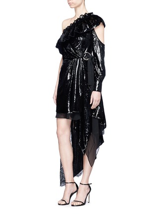 Figure View - Click To Enlarge - SELF-PORTRAIT - Belted lace velvet one-shoulder wrap effect dress