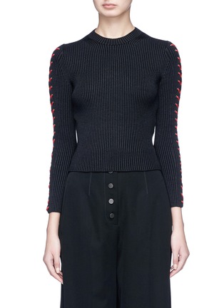 Main View - Click To Enlarge - ALEXANDER MCQUEEN - Leather whipstitch rib knit sweater