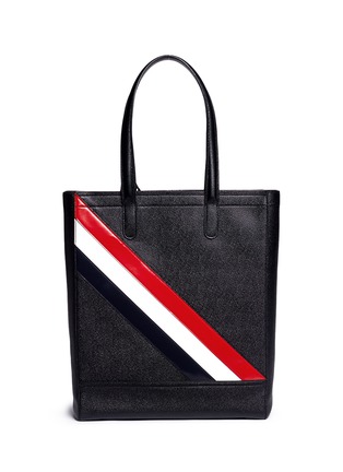Detail View - Click To Enlarge - THOM BROWNE  - Stripe panel pebble grain leather tote bag