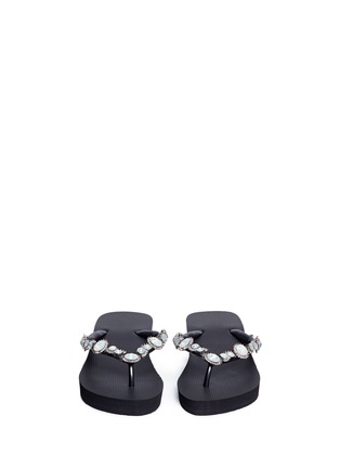 Front View - Click To Enlarge - UZURII - 'Pearl Marilyn Mid Heel' crystal wedge thong sandals