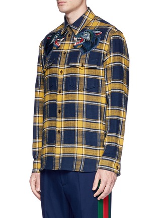Front View - Click To Enlarge - GUCCI - Wolf appliqué check plaid flannel shirt