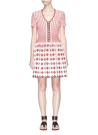 Main View - Click To Enlarge - ALAÏA - 'Faience' stripe floral jacquard knit flared dress