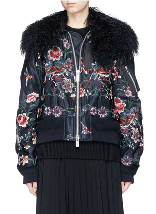 Main View - Click To Enlarge - SACAI - Faux fur floral embroidered padded bomber jacket