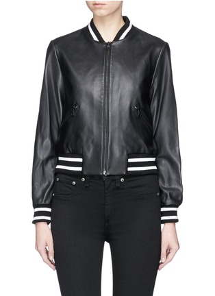 Main View - Click To Enlarge - ALICE & OLIVIA - 'Demia' ring embellished slogan cropped leather bomber jacket