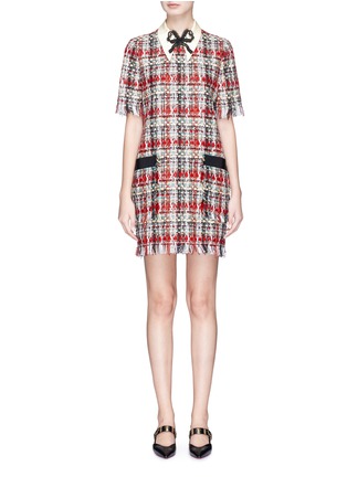 Main View - Click To Enlarge - GUCCI - 'Nymphaeum' slogan patch bow brooch tweed dress