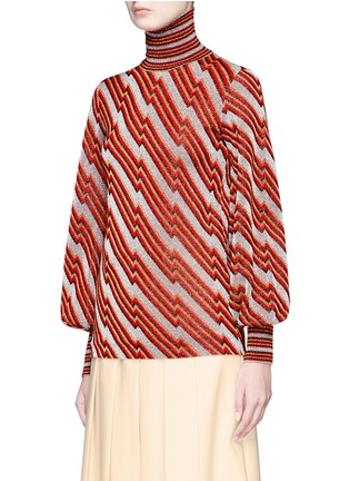 Detail View - Click To Enlarge - GUCCI - Detachable pussybow collar diagonal Lurex knit sweater