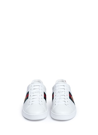 Front View - Click To Enlarge - GUCCI - 'Ace' embroidered Web stripe leather sneakers