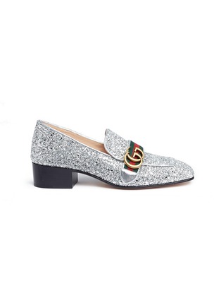 Main View - Click To Enlarge - GUCCI - Web stripe glitter leather loafers