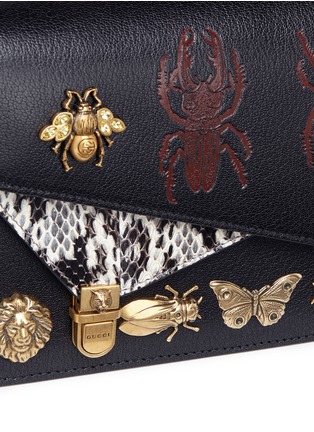 Detail View - Click To Enlarge - GUCCI - 'Ottilia' jewelled insect snakeskin flap bamboo top handle leather bag