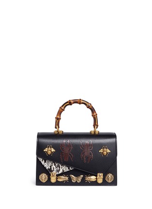 Main View - Click To Enlarge - GUCCI - 'Ottilia' jewelled insect snakeskin flap bamboo top handle leather bag