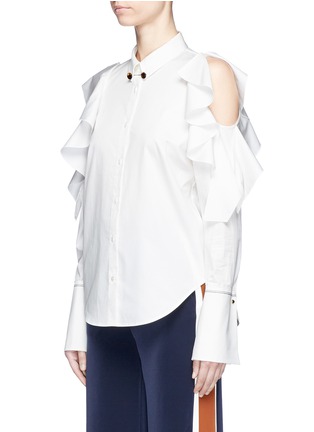 Front View - Click To Enlarge - COMME MOI - Collar link ruffle cold shoulder poplin shirt