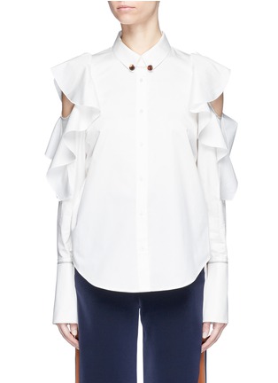 Main View - Click To Enlarge - COMME MOI - Collar link ruffle cold shoulder poplin shirt
