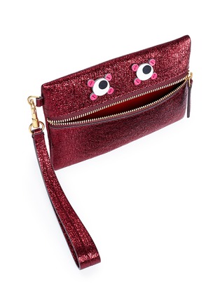 Detail View - Click To Enlarge - ANYA HINDMARCH - 'Circulus' eyes crinkled metallic leather small zip pouch
