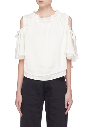 Main View - Click To Enlarge - QUIBE  - Rose embroidered ruffle cold shoulder top
