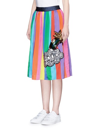 Front View - Click To Enlarge - MIRA MIKATI - Sequin patch rainbow stripe satin midi skirt