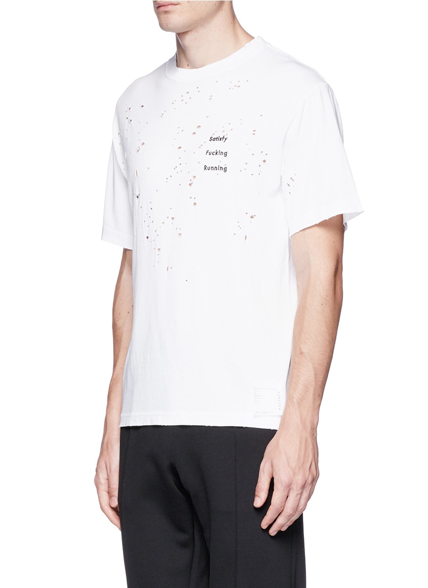 SATISFY Slogan appliqué moth-eaten running T-shirt