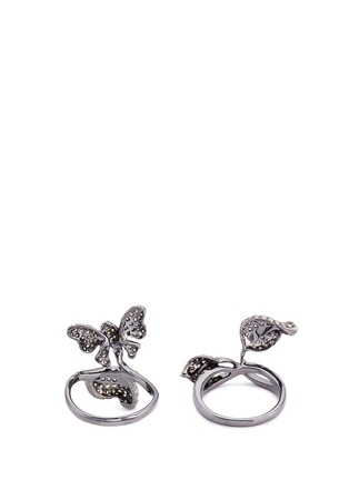 Figure View - Click To Enlarge - WENDY YUE - Diamond sterling silver butterfly and leaf two ring set
