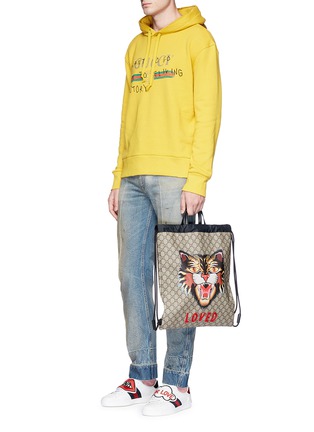Front View - Click To Enlarge - GUCCI - 'LOVED' Angry Cat print GG Supreme drawstring backpack
