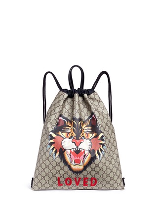 Main View - Click To Enlarge - GUCCI - 'LOVED' Angry Cat print GG Supreme drawstring backpack