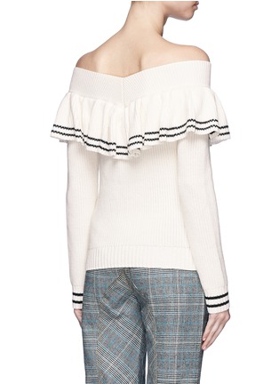 Back View - Click To Enlarge - SELF-PORTRAIT - Stripe ruffle off-shoulder wool-cotton sweater
