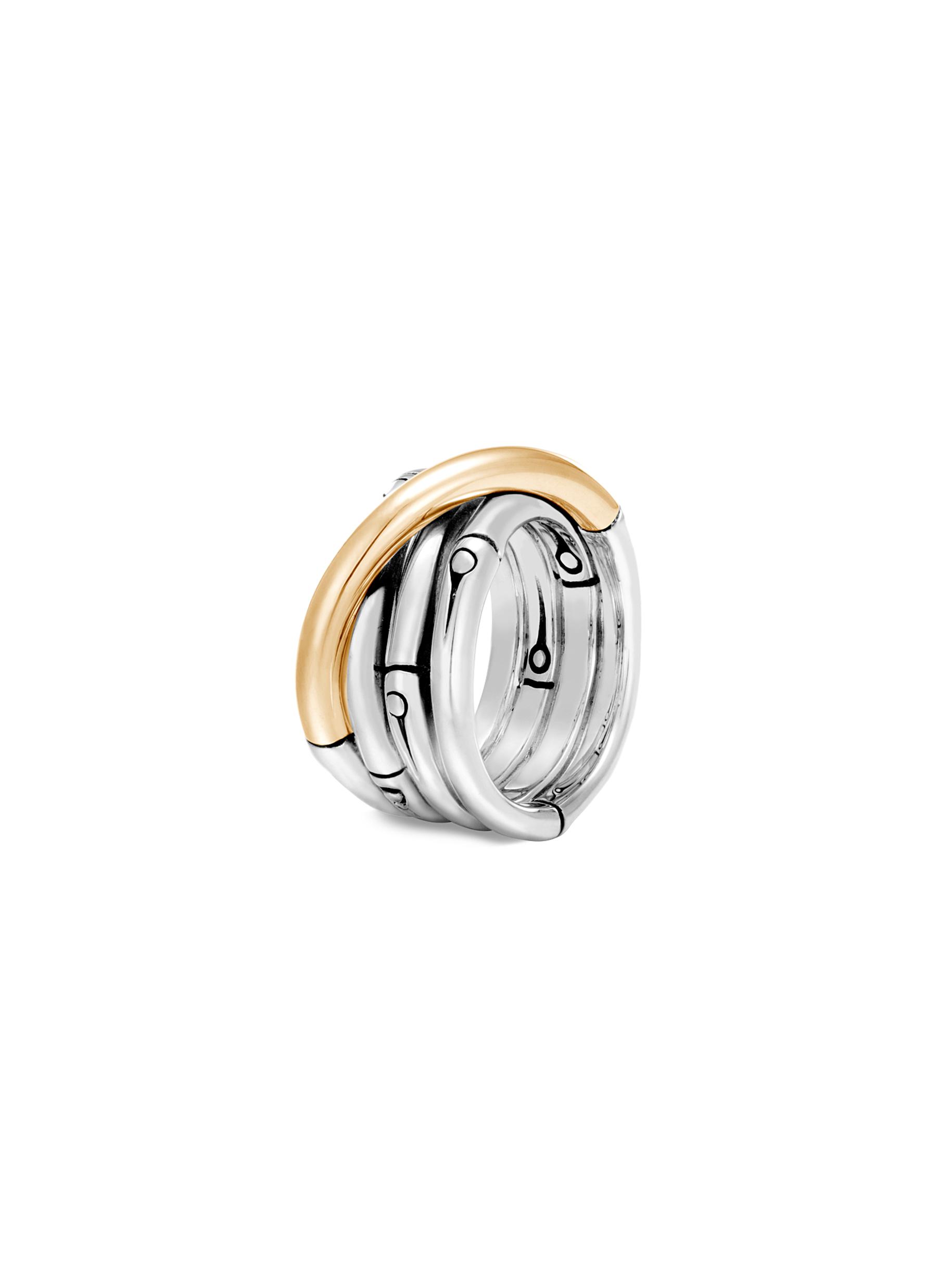 18k yellow gold and silver bamboo ring