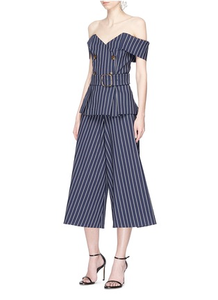 Figure View - Click To Enlarge - 72723 - Belted stripe double breasted off-shoulder twill top