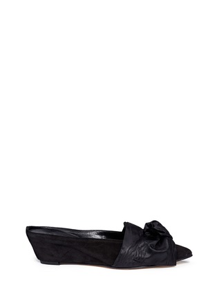 Main View - Click To Enlarge - TRADEMARK - 'Adrien' moire ribbon bow suede wedge mules